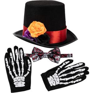 Spooktacular Creations 4 Pcs Halloween Day of the Dead Costume Accessories Set for Men Including 1 Pair of Skeleton Gloves, 1 Mens Hat and 1 Bow Tie for Halloween Cosplay Party