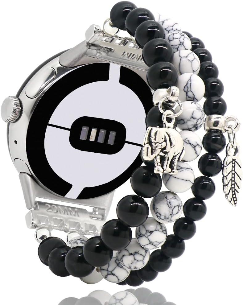 C&L Accessories Compatible with Google Pixel Watch/Pixel Watch 2 Band/Pixel Watch 3 41mm Band Beaded Gemstone Bracelet (Black Agate/White)