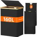 Lifewit 160L Double Laundry Hamper with Lid, Extra Large Bamboo Laundry Basket Dirty Clothes Hamper, 2 Section Laundry Bin Organizer for Laundry Room Bedroom with 2 Removable Liners & Bags, Dark Black
