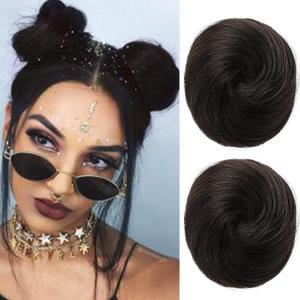 REECHO Space Bun Hair Pieces, 2 PCS Mini Claw Clip in Messy & Cat Ears Fake Hair Bun Extensions HB001 Wig Accessory Updo Hairpieces for Women (Pack of 2-3" Straight, Black Brown)