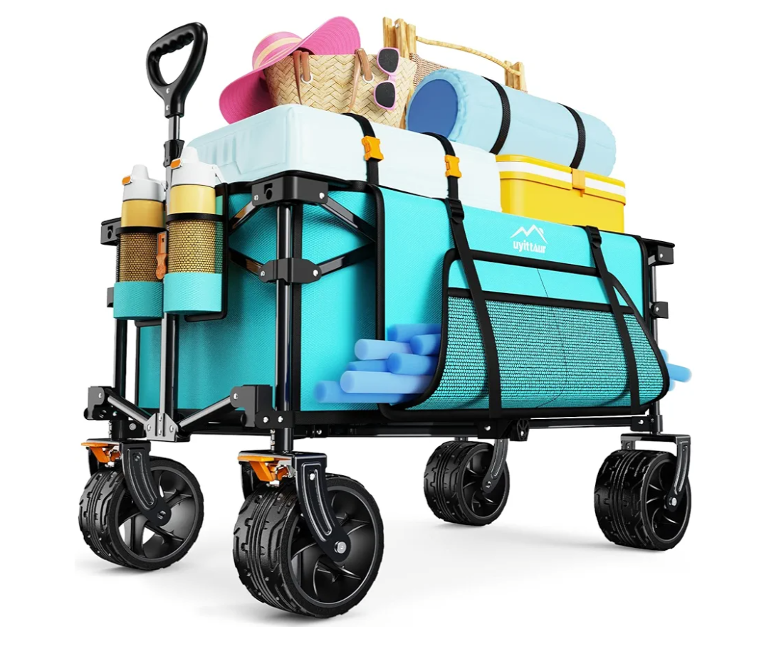 Collapsible Wagon Cart Heavy Duty Foldable, Folding Beach Wagon with Big Wheels for Sand, Utility Grocery Cart with Side Pocket and Brakes for Sports Outdoor Activities, Light Blue