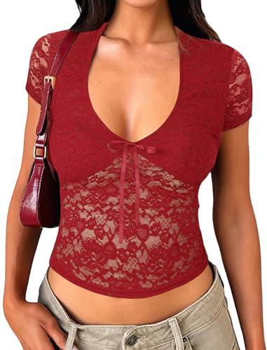 Matunana Women's Lace Tops Going Out V Neck Crop Backless Sleeveless Tank Y2k Cute Sexy Summer Trendy 2026 Z-red Size Small