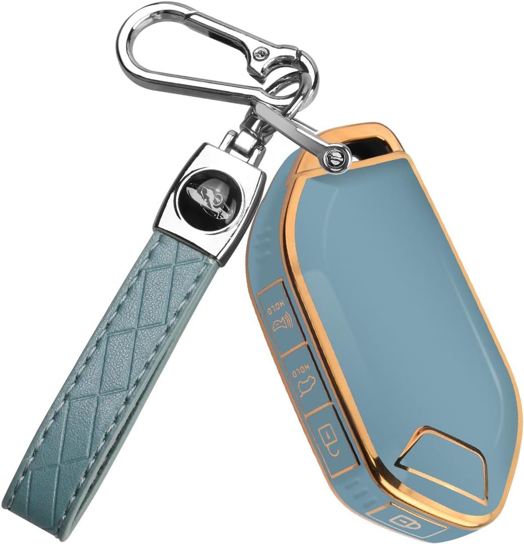 QBUC for Kia Key fob Cover,Soft TPU 360Car Key Case Protector with Leather Keychain Compatible with Kia Telluride 2023/2024 5 Buttons Smart Key (Blue) (Gold Edge - Blue)
