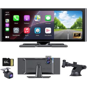 Carplay Screen for Car 10.26" HD IPS Wireless Compatible with Apple Carplay & Android Auto,Touch Car Play Screen with SuperLink,4K Dash Cam,1080p Backup Camera,Loop Recording,Bluetooth Audio,GPS,Siri