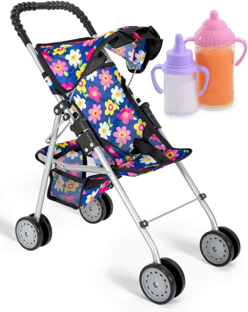 Toy Doll Stroller for Kids  Foldable Baby Doll Stroller with Safety Belt & Storage Basket, Lightweight Pretend Play with 2 Free Magic Bottles Included Best Gift for Girls & Boys Ages 2 3 4 5+ (Flower Design)