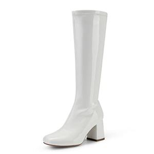 DREAM PAIRS Women's Gogo Boots Square Toe Chunky Wide Calf Knee High Boots For Women,Size 8.5,White/Patent/Pu,SDKB2231W