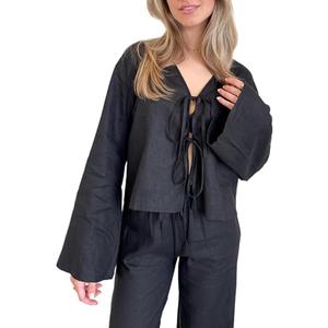 Chvity Tie Front Tops for Women Y2K Linen Shirts Flare Sleeve V Neck Going Out Coquette Clothes Casual Lace Up Bow Blouses (Large, Black)