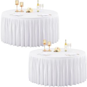 2 Pack White Spandex Round Tablecloths for 60 inch Tables, Stretchy Fitted 5FT Round Table Clothes,Wrinkle Free Table Cover with Skirt for Wedding Party Dining Banquet Graduation Decorations,White, 60inch(2packs)