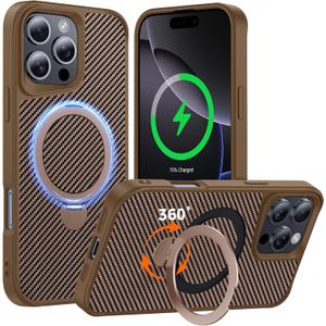 Designed for iPhone 16 Pro Case with 360 Magnetic Stand, Carbon Fiber Phone Case [Compatible with Magsafe] [15FT Military Protection] with Stand Ring 6.3'', Desert Titanium