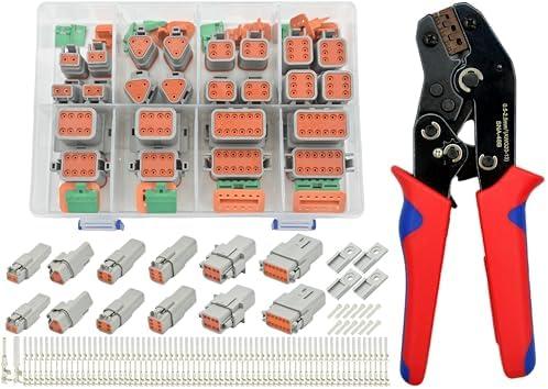 ALFOCI 216 PCS DT Connector Kit with Ratcheting Wire Crimper for Deutsch Connector, 2 3 4 6 8 12 Pin Connectors Automotive Electrical Connectors With Size 16 Stamped Contacts & Accessories