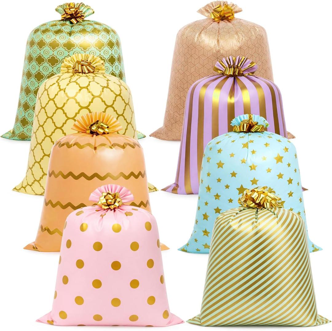 Fulmoon 8 Pcs 48 Inch Jumbo Gift Bag Golden Extra Large Bags with Pull Flowers, Graduation Plastic Giant Gift Oversized Wrapping for Wedding Birthday Baby Shower(Macaron Color)
