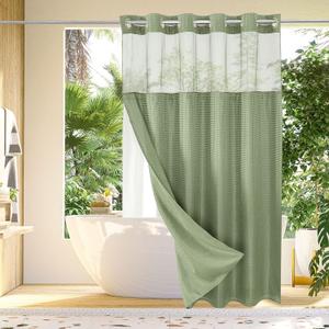 Gibelle No Hook Waffle Weave Shower Curtain with Snap-in Fabric Liner Set for Bathroom, Hotel Style with Mesh Top Window, Waterproof & Washable, Sage Green, 72x74