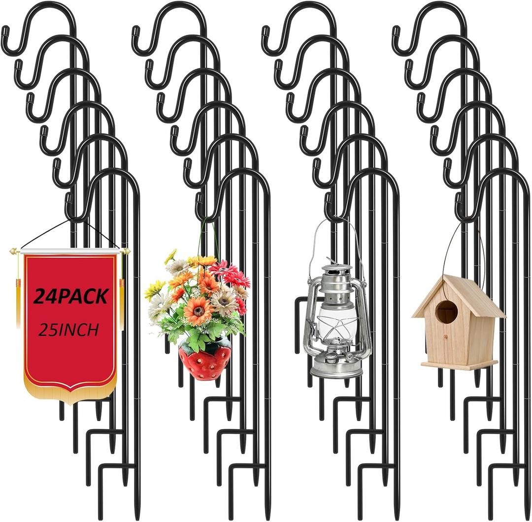 Hicarer 24 Pack 25 Inch Shepherds Hooks Outdoor Plant Hanger Metal Shepherd's Hook Black Garden Bird Feeder Pole for Hanging Solar Lanterns Flower Basket Jars Christmas Lights Wedding Decor