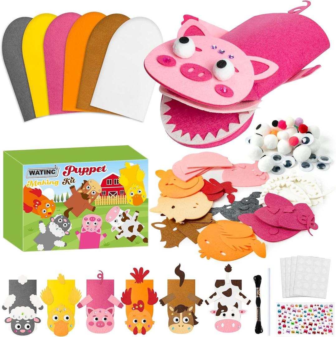 WATINC 6Pcs Hand Puppet Making Kit, Art Craft Felt Sock Puppet Toys, Creative DIY Make Your Own Pompoms Wiggle Googly Eyes Storytelling Role Play Party Supplies Gift for Girls Boys (Farm Animals)