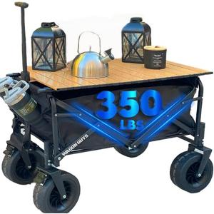 Foldable Wagon Cart with Wheels and Tabletop, 350 LB Collapsible Wagon with Wheels, 4 One Click Removable Tires with 2 Cup Holders, Extra Side Storage Pocket, 2 Front Brakes for Strong Incline Hold