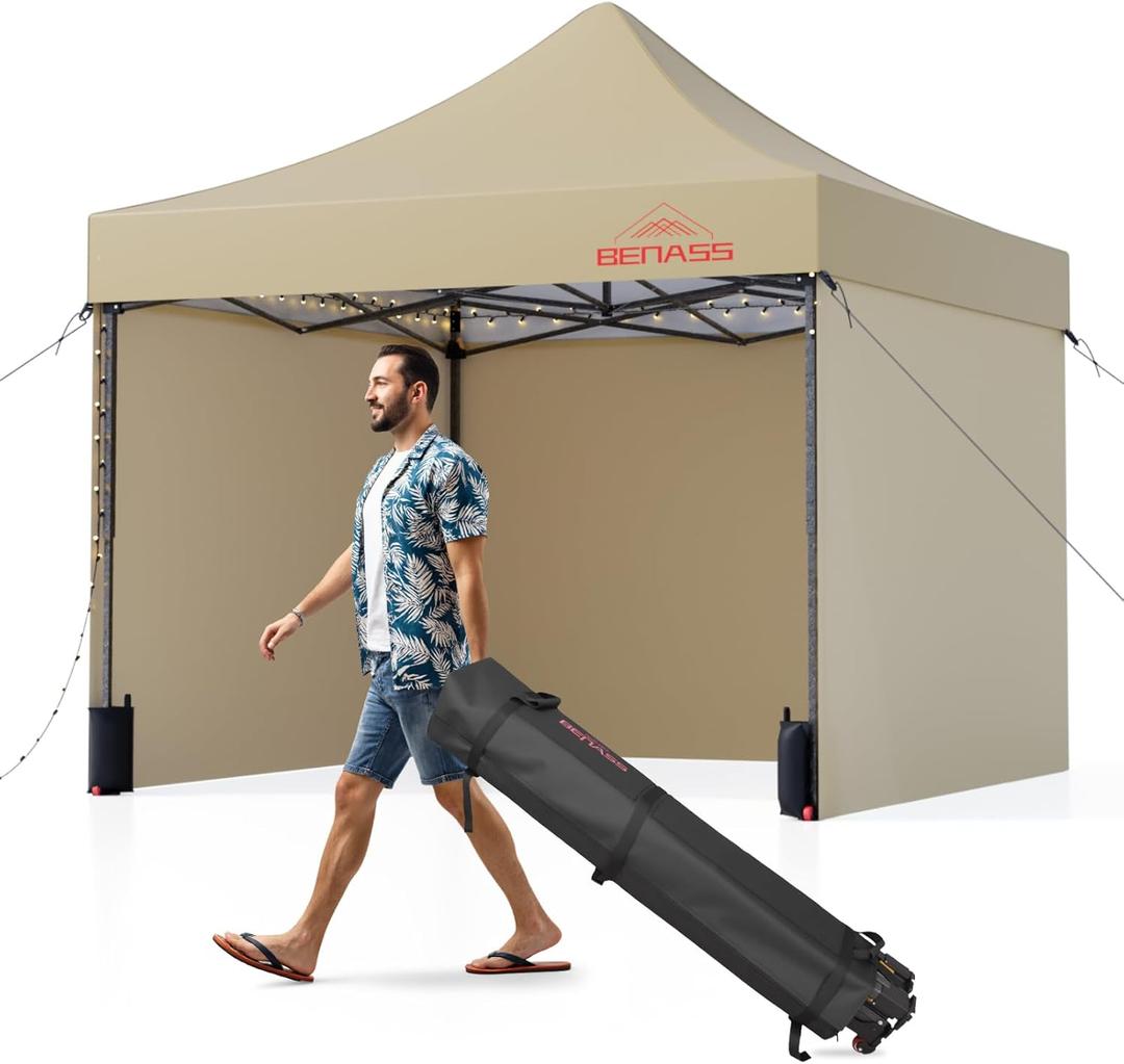 10x10 Pop Up Canopy Tent with 8 Reinforced Steel Wire Ropes, Heavy Duty Instant Canopies with 3 Removable Sidewalls, Khaki