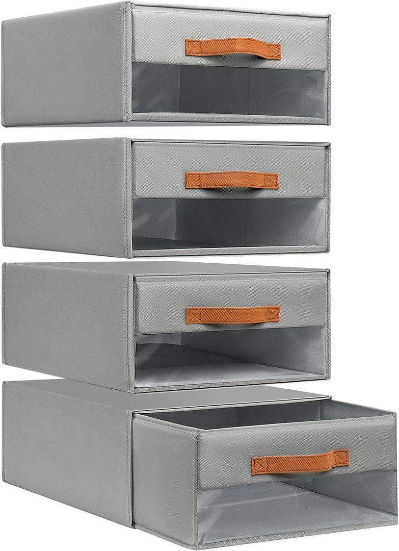 DIMJ Closet Organizers and Storage - Fabric Bins with Drawers for Closet Foldable Clothes Organizers with Clear Window, Stackable Storage Drawers Units for Bedroom, Living Room, 4-Pack, Grey