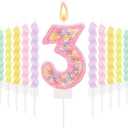 MTLEE Number 3 Birthday Candle with 12 Pcs Spiral Candles for Girls Macaron Pastel Rainbow Unicorn Pink Cake Topper for Sweet Theme Party Decoration