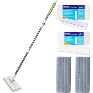 Magic Sponge Eraser Mop, 60" Adjustable Mop Handle with Flexible 13" Flat Head with Microfiber Pad and Magic Sponge Eraser Pads