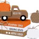 DoubleFill 7 Pcs Thanksgiving Fall Table Decor Farmhouse Wooden Fall Signs with Book Stack 3D Truck and Pumpkins for Tiered Tray Autumn Wooden Table Centerpiece for Harvest Mantle Home Bookshelf Gift
