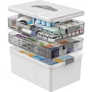 Gifhomfix 3 Tier Medicine Cabinet Organizer Large Capacity Medicine Organizer, Portable Medicine Box with Handle, Multipurpose Medical Box with Removable Tray, First Aid Boxes Empty, White