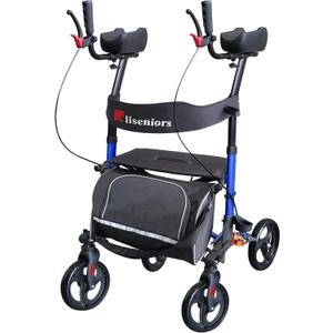 Aliseniors Upright Walker with Seat for Seniors, Extra-Wide Foldable Stand Up Rollator Walker with Padded Armrests, 8" All-Terrain Wheels, Medical Rolling Walkers for Adults, Supports 300lbs, Blue