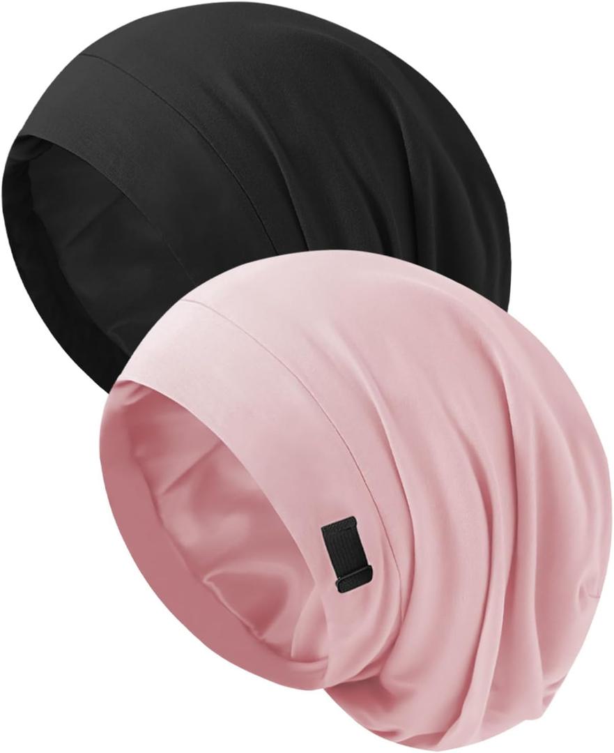 Silk Bonnet for Sleeping Women, Adjustable Silky Satin Lined Sleep Cap, Silk Hair Wrap Slouch Beanie Hat (Black&pink)
