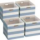 Foldable Cube Storage Bin Organizing Baskets Cubby Boxes Fabric Storage Cubes Organizer Bins with Handles for Organization Shelf Closet, 13"x13"x13", Pack of 4, Blue/White Stripe