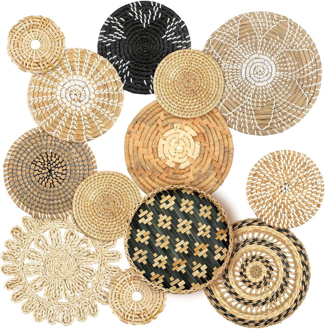 Glenmal 13 Pcs Boho Wall Basket Decor Set Woven Rattan Seagrass,Retro
Handmade Flat Baskets for Bedroom Living Room Office, Wicker Bamboo Seagrass Hanging Art, Farmhouse Gallery Ready to Hang