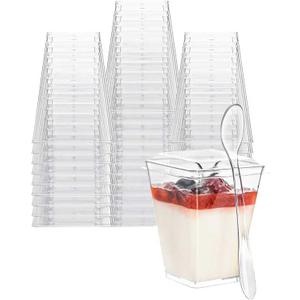50 Pack 5oz Mini Dessert Cups with Soopns and Lids, Clear Square Dessert Bowls Small Plastic Parfait Cup Appetizer Cup for Wedding Party