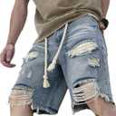 WDIRARA Men's Wide Leg Ripped Denim Bermuda Shorts Raw Hem Distressed Jean Shorts with Pockets (Blue, XXL)