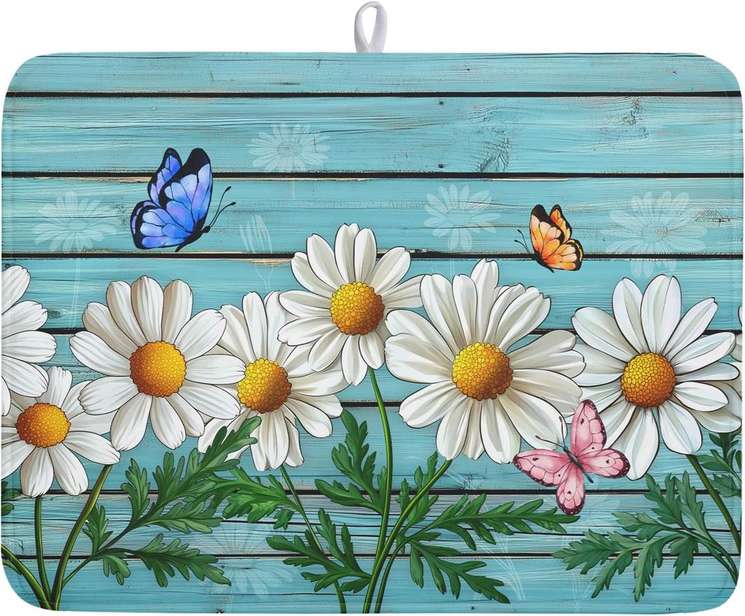 Daisy Dish Drying Mat for Kitchen Counter 18”x24” Rustic Daisy Absorbent Dish Drying Mat Reversible Microfiber Dish Drainer Rack Fast Drying Mat for Countertops Tableware Decor