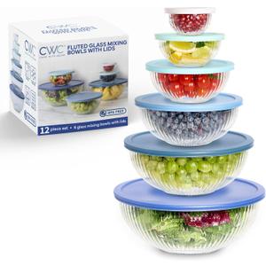 COOK WITH COLOR 12 Pc Glass Mixing Bowl Set with Lids Borosilicate Glass Nesting Bowls for Cooking, Baking and Meal Prep, Fluted Blue