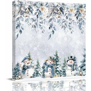 Christmas Canvas Wall Art - Grey Christmas Blue Scarf Snowman Xmas Tree Flowers - Modern Wall Decor Gallery Canvas Wraps Giclee Print Picture Stretched and Framed Ready to Hang - 8" x 8"