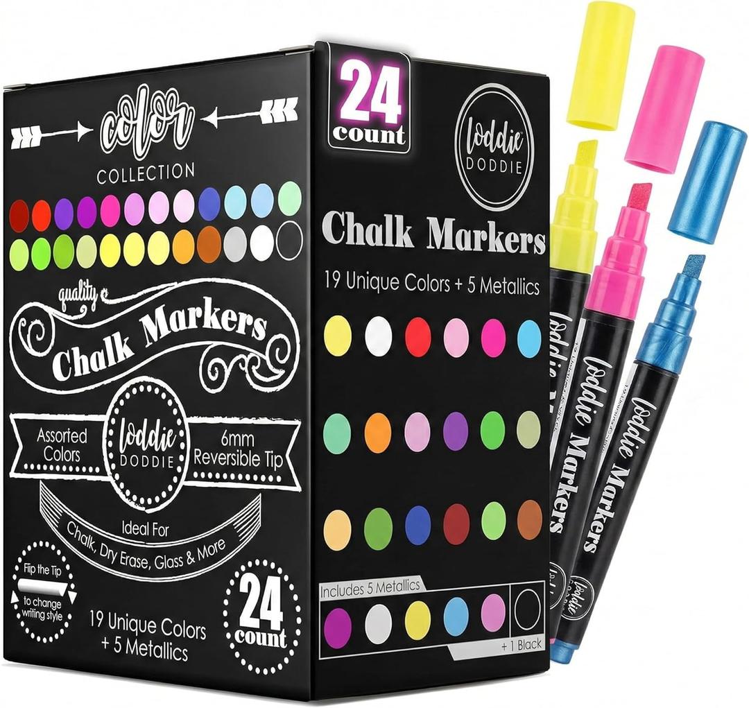 Loddie Doddie Chalk Markers - Pack of 24, 6mm Reversible Tips - Liquid Chalk Pens for Glass & Windows - Dry Erase Chalkboard Markers for Blackboard & Calendars - Non-Toxic Pens for Art & Decor