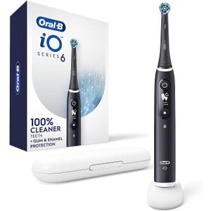 Oral-B iO Series 6 Rechargeable Electric Toothbrush with Visible Pressure Sensor to Protect Gums, 2 Minute Timer, 5 Cleaning Settings, 1 Replacement Toothbrush Head, and Travel Case, Black