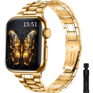 Stainless Steel Band Compatible with Apple Watch 42mm(Series10) 38mm 40mm 41mm, Metal Strap for iWatch Bands for Women (Gold)