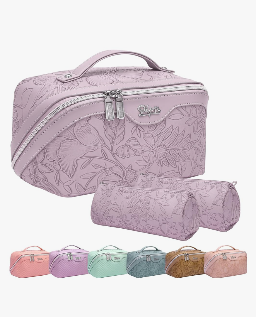 BOYATU Travel Makeup Bags Cosmetic Organizer Bag: 3-Set Large Capacity Make up Bag - PU Leather Toiletry Bags for Women - Wide Open Portable Pouch with Divider & Handle (01-Z-Light Purple)