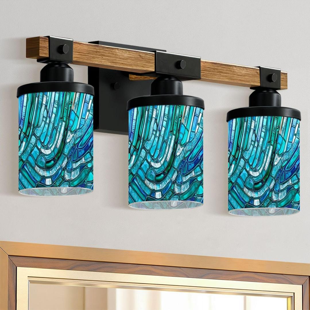 3-Light Bathroom Light Fixtures Blue Mint Green Pearl Seashell Wave Teal Abstract Marble Geode Bathroom Vanity Light with Glass Shade Wood Wall Sconces Wall Lamp for Mirror Bedroom Living Room (20.5"x7.7"x3.15", Multi5)