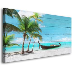 Beach Picture Canvas Prints Coconut Tree Ocean Wall Art Home Decor Natural Seascape Paintings for Living Room Bathroom Bedroom Office Kitchen Decorations Wooden Framed Landscape Artwork 28x57 inchs