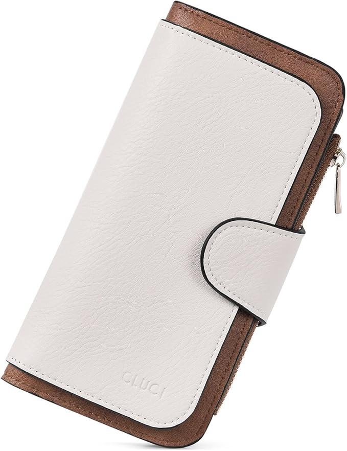 CLUCI Women Wallet Leather RFID Blocking Designer Trifold Card Holder Ladies Clutch with ID Window White