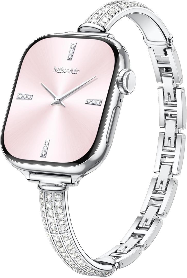 Missair Bands Compatible with Apple Watch Band 38mm/40mm/41mm/42mm(Series 10) Thin Metal Diamond Bracelet Band with Jewelry Crystal for iWatch Series 10 9 8 7 6 5 4 3 SE Ultra for Women (Silver)