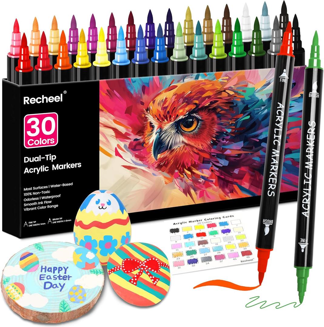 30 Colors Acrylic Paint Markers, Dual Tip Fine and Brush Tips for Detailed Art, Crafting, Rock Painting, Wood, Glass, Ceramic, and More