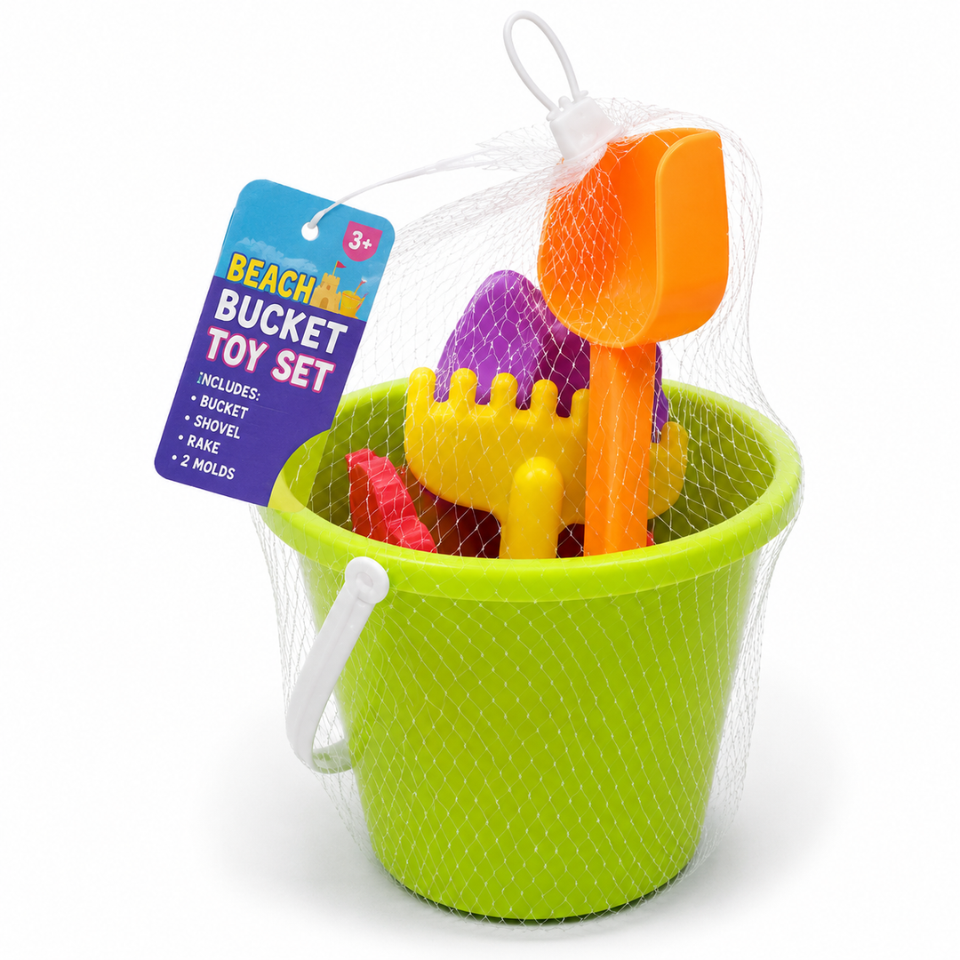 Beach Bucket Toy Set 9 Piece 1 Bucket 2 Shovels 1 Rake 5 Sand Molds