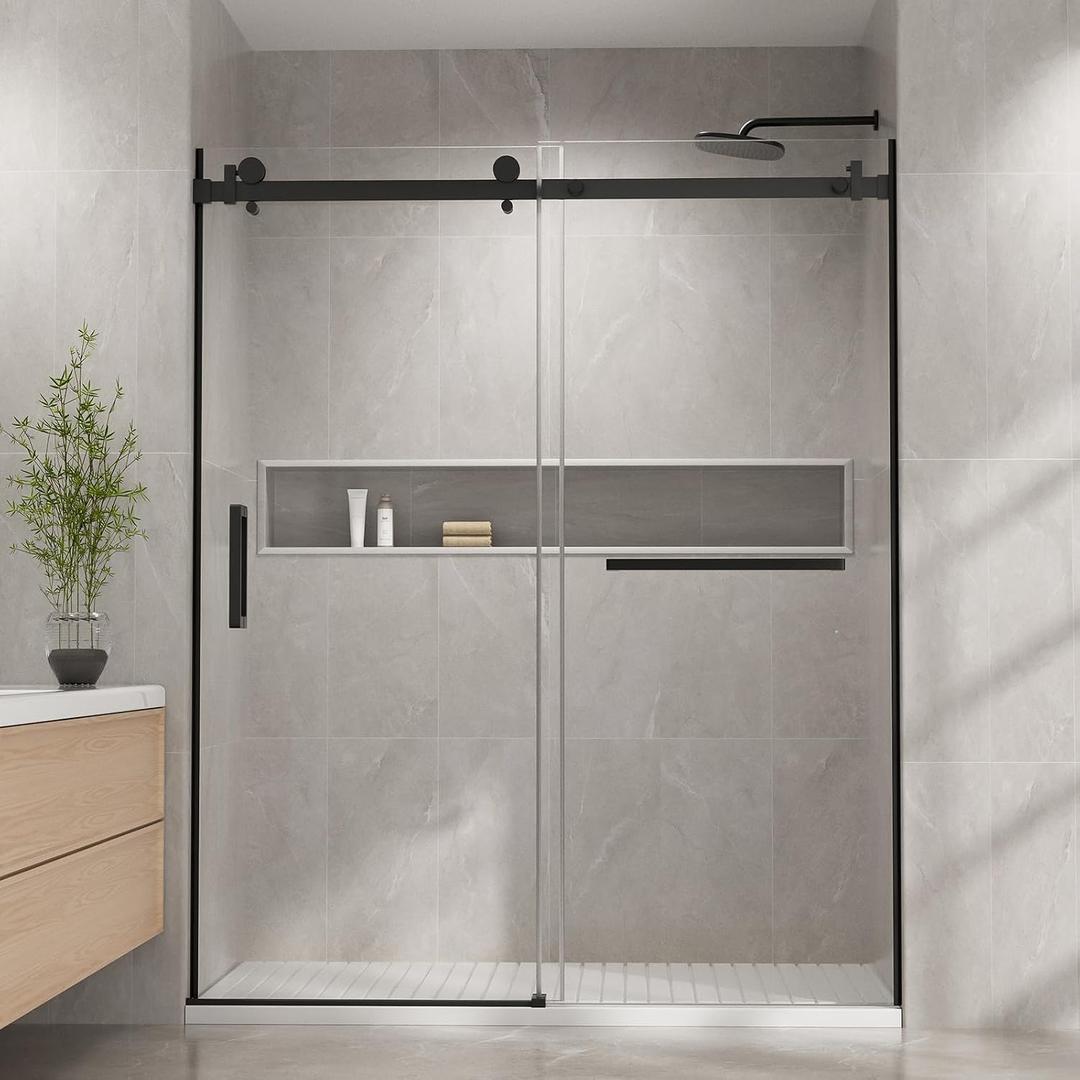 Frameless, 56"-60" W x 74" H Dual Sliding Shower Door, 5/16"(8mm) Thickness SGCC Shower Glass Door, Shower Doors for Walk in Shower, Stainless Steel Handle, Waterproof Seal Strip, Matte Black. One of glasses doors is missing