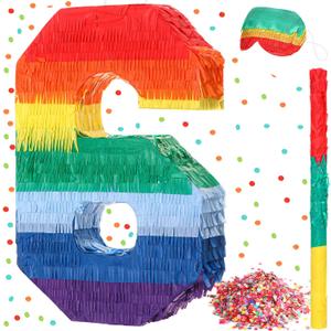 Sratte Rainbow Number Piata Multicolor Piata Small Kids Birthday Party with Blindfold Stick and Confetti for Birthday Anniversary Cinco De Mayo Fiesta Party Decor(Number 6)