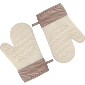 Silicone Oven Mitts 2-Pack, Khaki Beige Heat Resistant - Extra Long 10.9 x 7.2 Inch for Grilling, BBQ, Cooking, Fire Pit - Hot Pads and Potholders Kitchen Accessories for Women Men