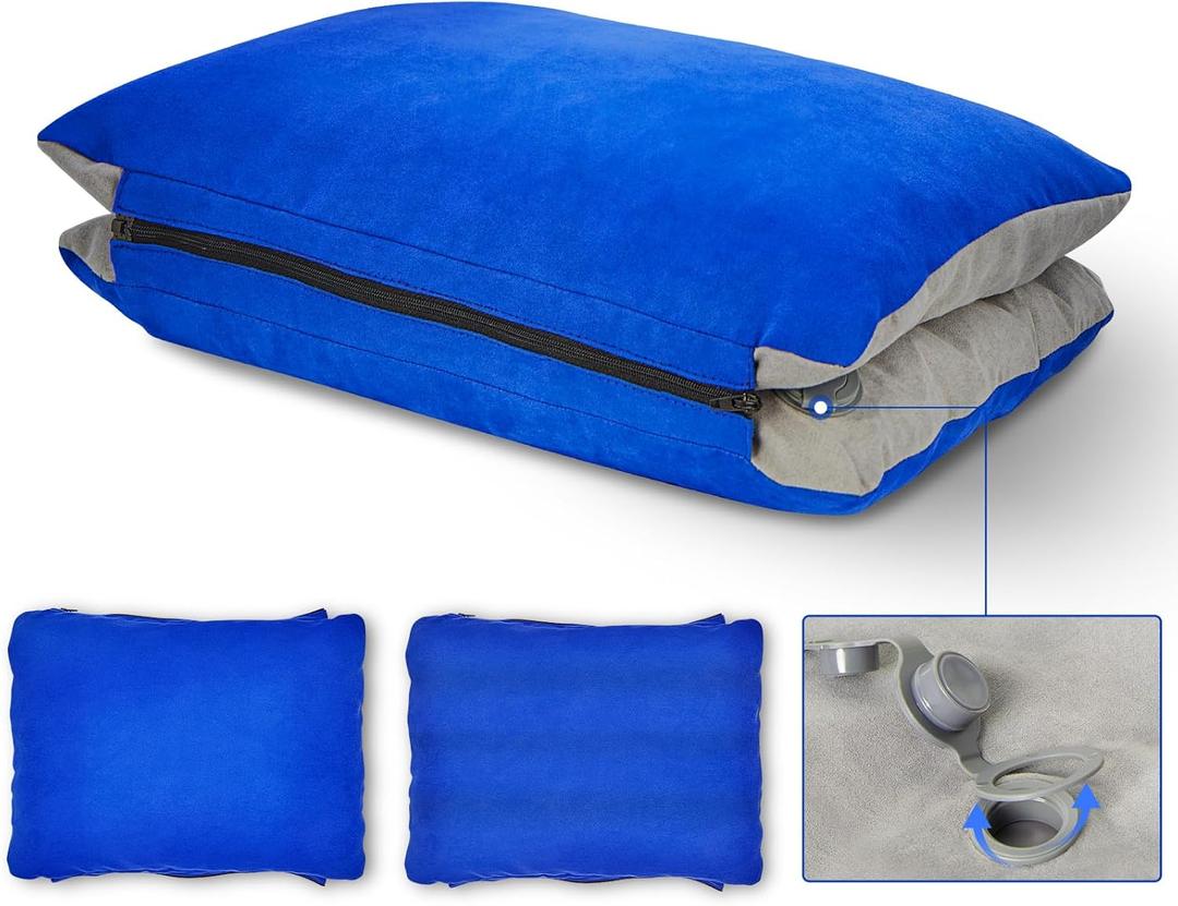 JefDiee Inflatable Camping Lumbar Pillow with Memory Foam and Washable Cover Travel Pillow for Airplanes, Camping (Blue M) (Medium, Azure)