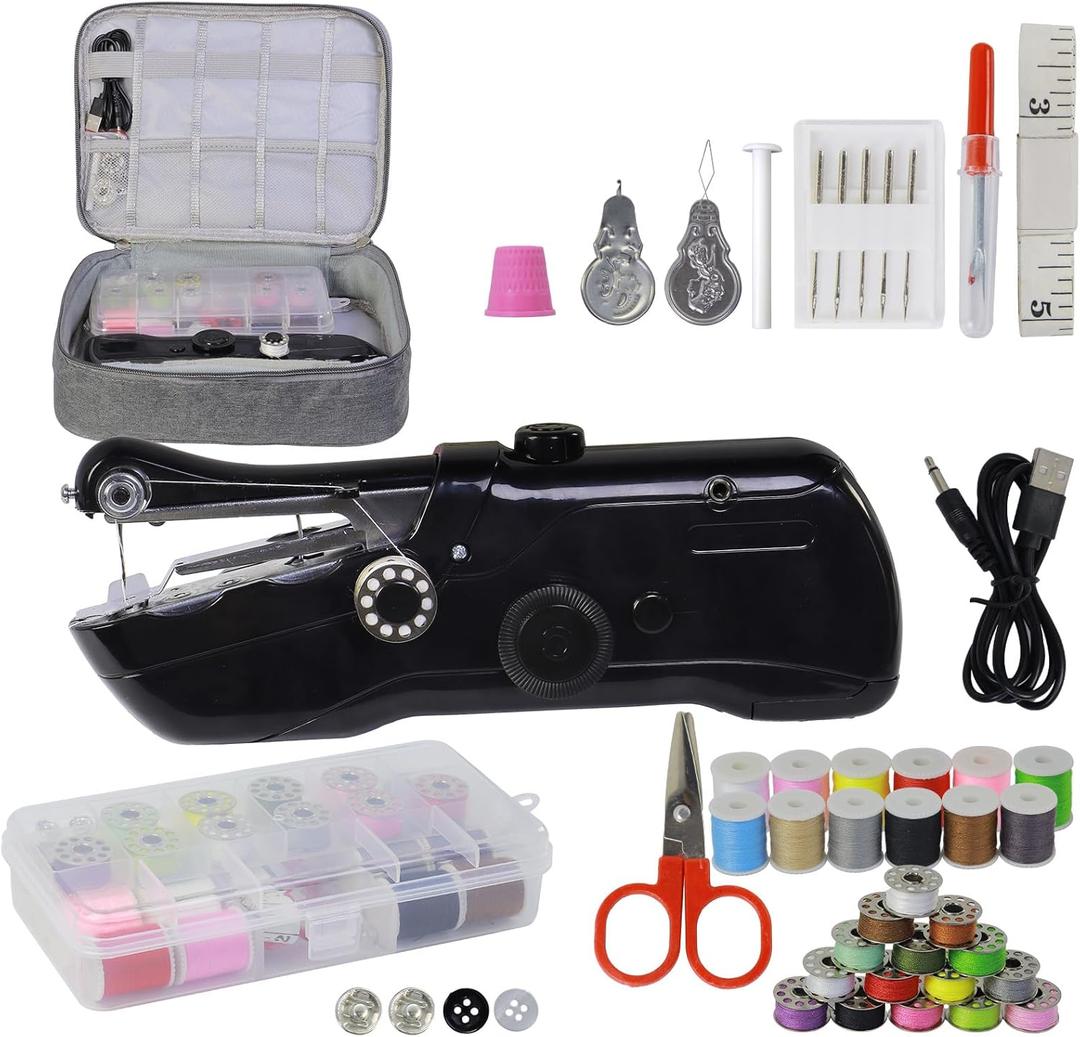 Handheld Sewing Machine with Storage & 42-Piece Sewing Kit, Portable Mini Sewing Machine for Beginner, Electric Switch, 2 Speed Modes, Easy to Operate, Hand Stitching Machine for DIY Fabrics Clothes