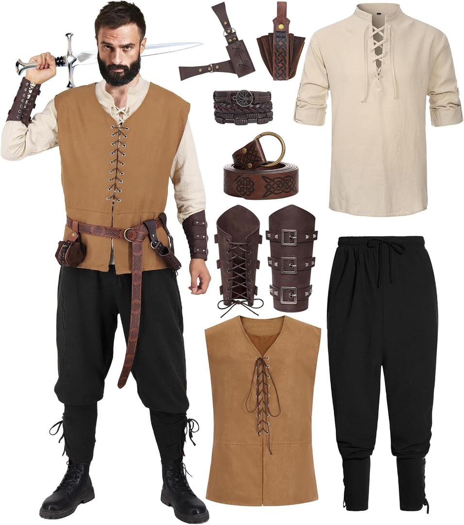 Renaissance Costume Men Adult Medieval Viking Costume Halloween Pirate Costumes Archer Cosplay Outfit Set (Black, M)